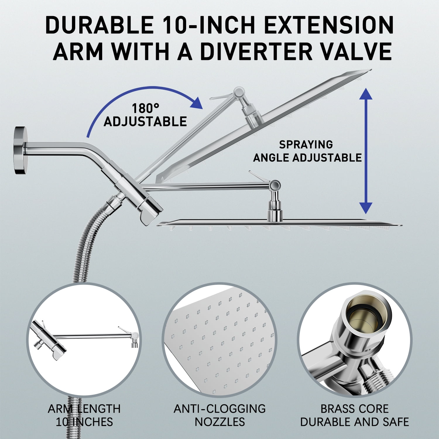 DTIG 12-Inch Rain Shower Head with 5 Settings, High-Pressure Handheld Showerhead, Bracket, and Hose, Silver