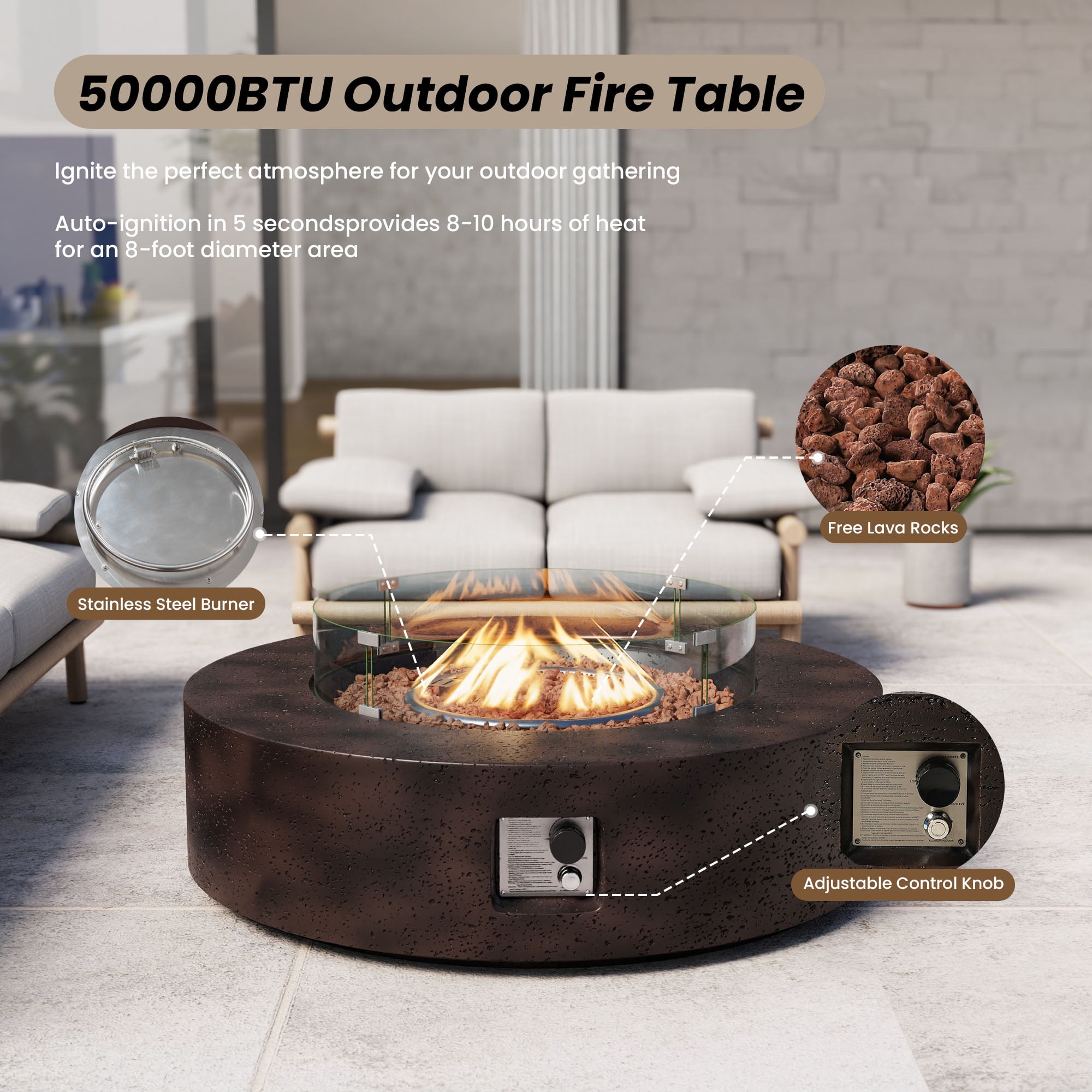 VENTOPYR 40.5-inch Outdoor Propane Fire Pit Coffee Table w Concrete Round Base Patio Heater, 50,000 BTU Stainless Steel Burner, Free Lava Rocks, Wind Guard, Rain Cover