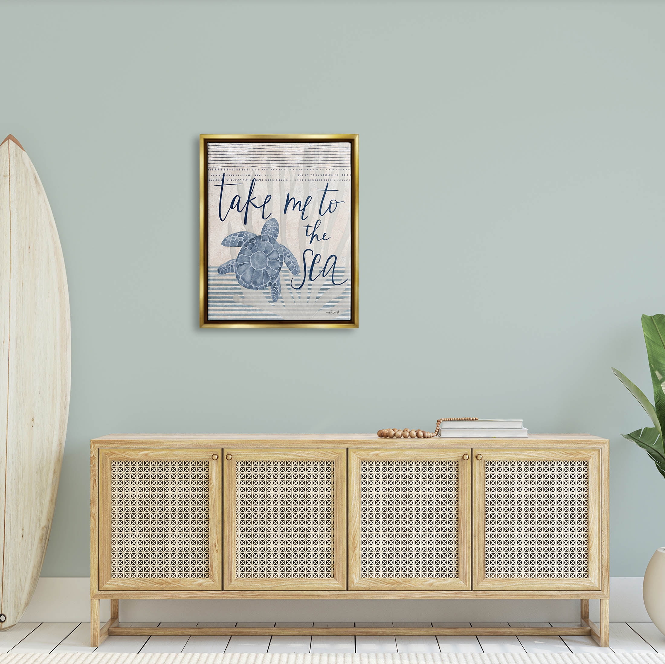 Stupell Industries Take Me To Sea Patterned Turtle Stripes Graphic Art Metallic Gold Floating Framed Canvas Print Wall Art, Design by Katie Doucette