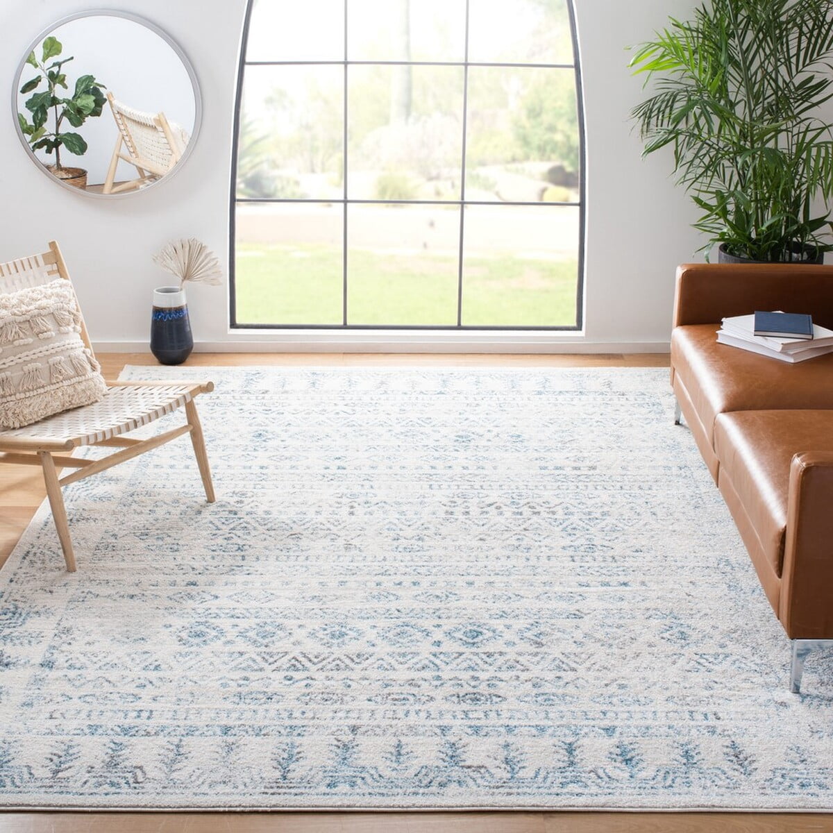 SAFAVIEH Tulum Flint Distressed Southwestern Area Rug, 6'7" x 6'7" Square, Ivory/Teal