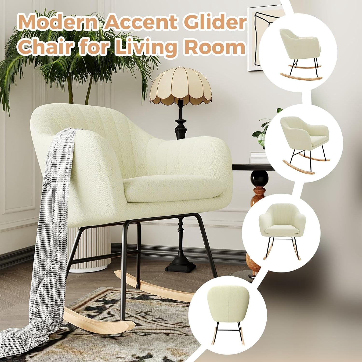 Plush Upholstered Rocking Chair – Soft Glider Nursery Chair with Premium Cushions, Sturdy Rubberwood Legs & Smooth Rocking Motion, Supports 330lbs – Cozy Accent Chair for Living Room, Bedroom & Baby N