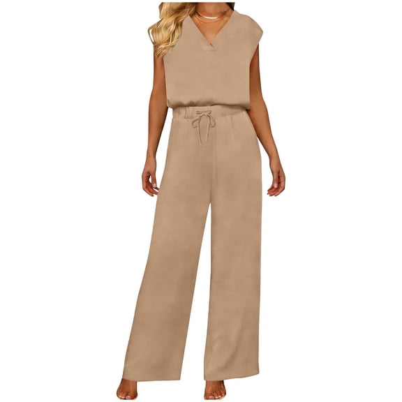 Womens Matching Set Business V-Neck Short Sleeve Tops Pockets Solid Color Drawstring Long Pants Summer Office Work Sets