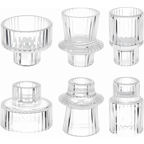 6 Pcs Glass Taper Candle Holders Double Sided Vintage Ribbed Candle Holder Clear Glass Candlestick Holders Reversible Tealight Candleholder for Table Centerpiece Wedding Dinner