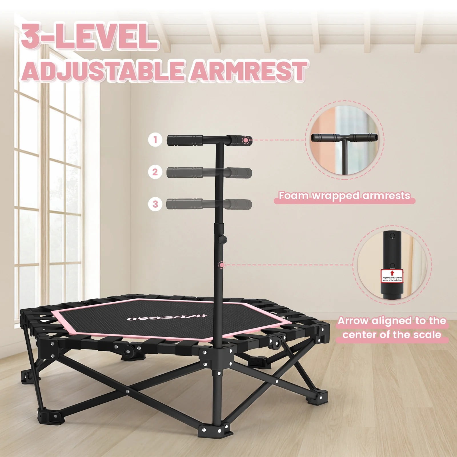 HXD-ERGO 42'' Foldable Mini Trampoline, Rebounder Trampoline with Adjustable Foam Handle, Fitness Trampoline for Indoor, Outdoor, Home Gym, Max Load 460lbs