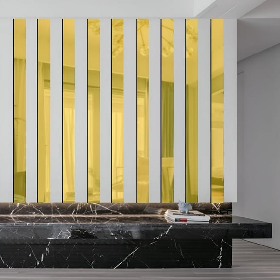 LAMIRO Mirror Tiles,Mirror Tiles Self Adhesive Stripe Wall Mirror Stickers (Not Glass) Removable Long Acrylic Frameless Mirror Sheets for Home Living Room Bedroom DIY Decor (10Pcs) Gold