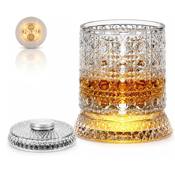 Spinning Whiskey Glasses, 9.5oz Rotating Crystal Glass with LED Sticker Lights, Diamond-Cut Old Fashioned Glasses for Bourbon, Scotch, Cocktails, Gift for Men, Dad