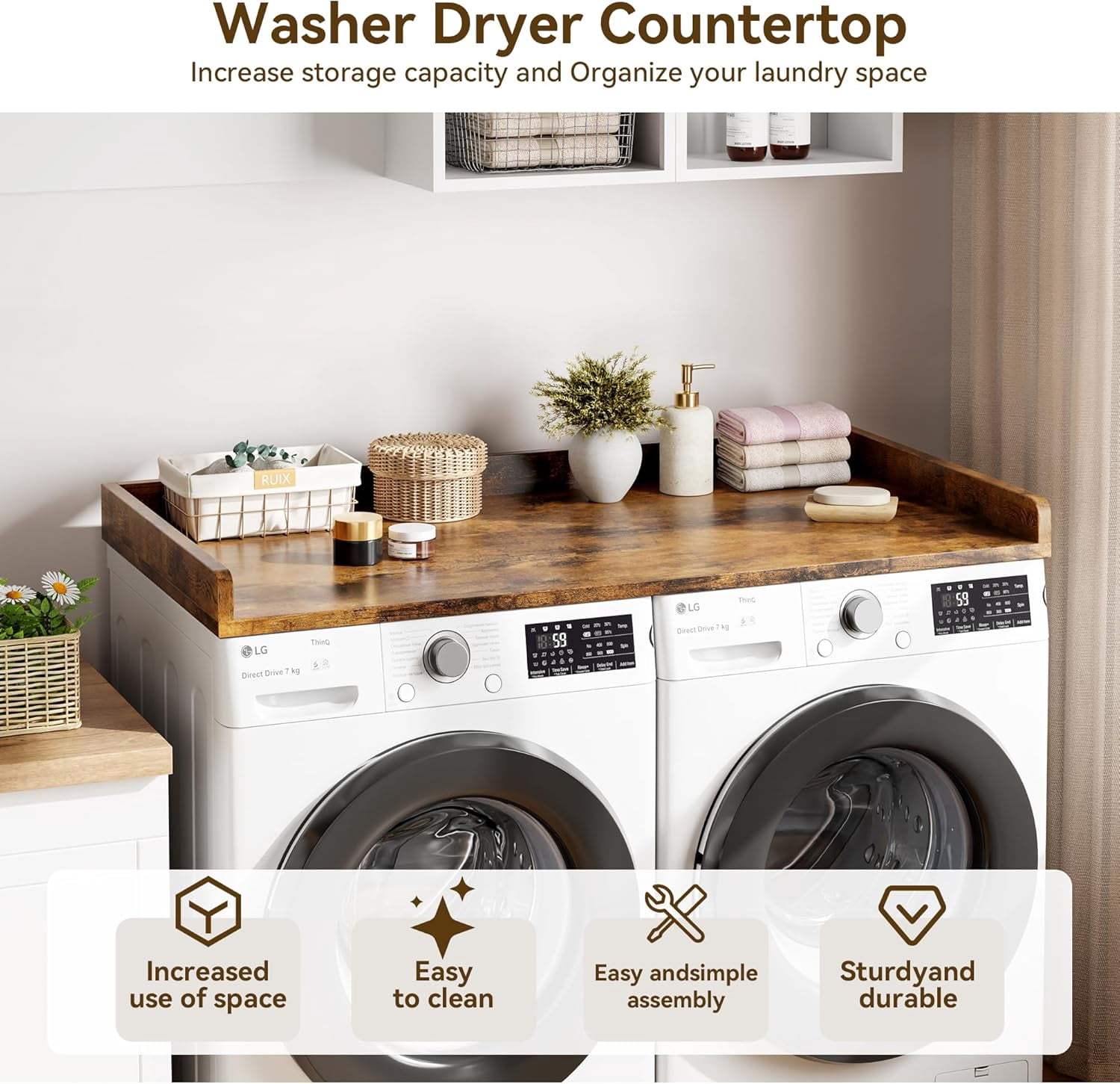 Washer Dryer Countertop, laundry topper with Edge and Non-Slip Pad for Washer Dryer Laundry Hamper Counter Storage Organization 54"x27.5" Retro