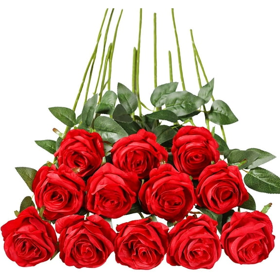 Burgundy Roses Artificial Flower, 12Pcs Realistic Long Single Stem Fake Silk Red Roses Bouquet for Party Home Wedding Centerpiece Hotel Office Halloween Decor