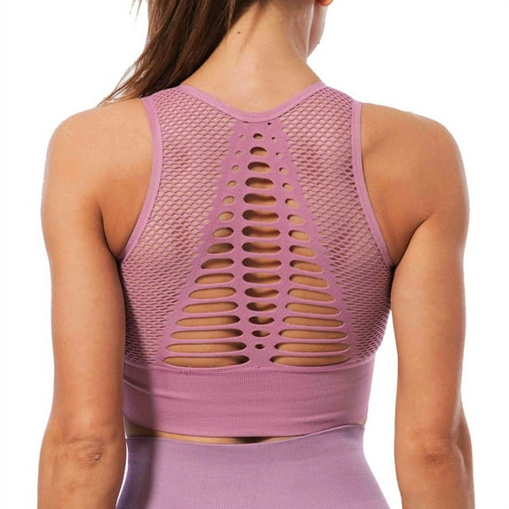 Women's Seamless Sports Bra Mesh Breathable Openwork Athletic Workout Tank Tops Longline Gym Fitness Running Yoga Tops