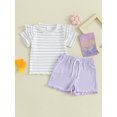 thumbnail image 3 of Toddler Girl Summer Outfits, 6 12 18 24M 3 4T Crew Neck Short Sleeve Striped Tops + Elastic Waist Wave Hem Shorts Infant Shorts Set, 3 of 10
