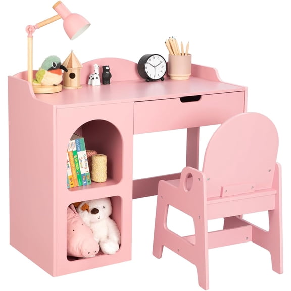 OOOK Kids Study Table and Chair Set, Wooden Kids Desk and Chair Set, Toddler Art Desk with Storage, Children Writing Table for 5-12 Years Old, Home School Use, Pink