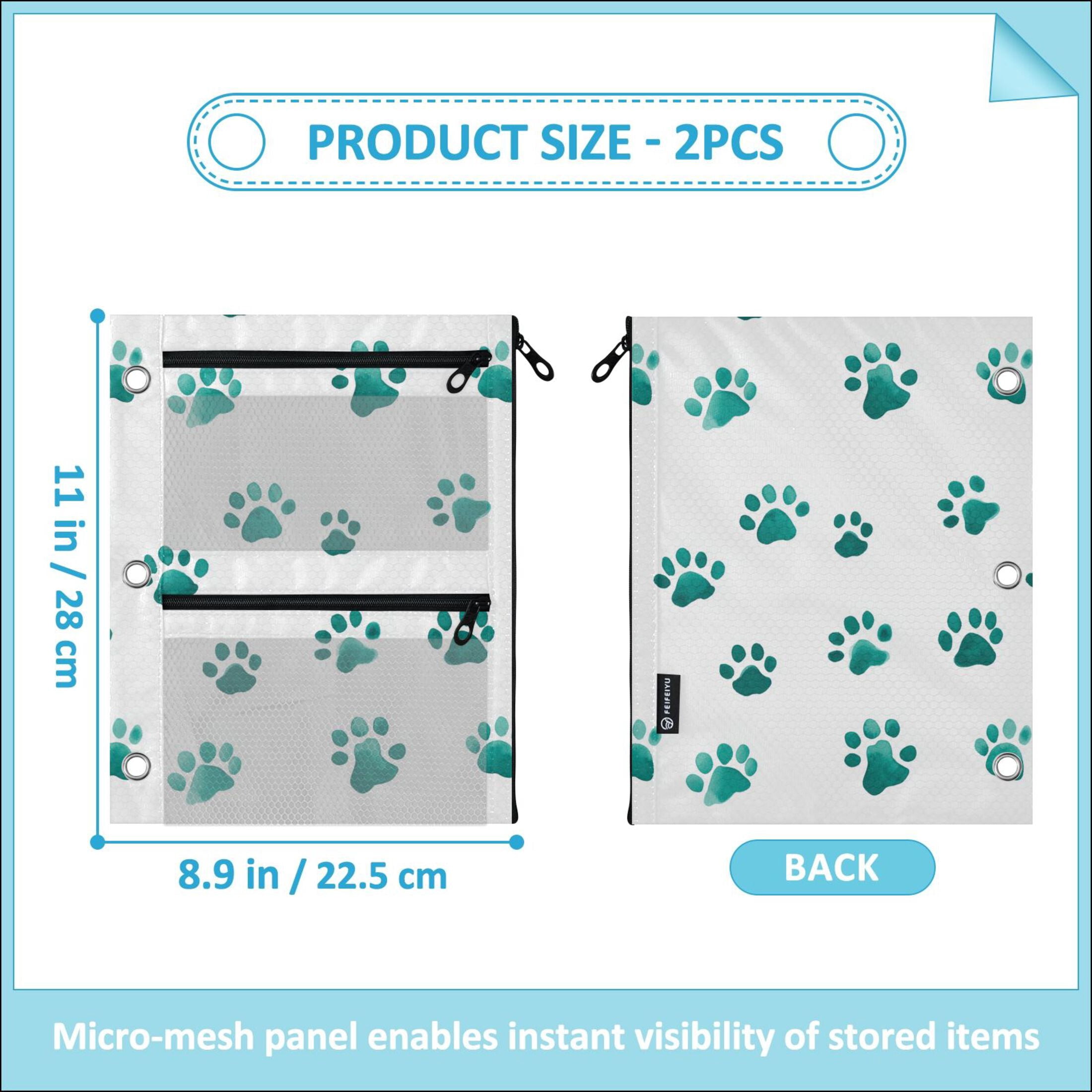 3-Hole Pencil Pouch for 3 Ring Binder Clear Zippered Pen Case with Window Teal Dog Paw Prints