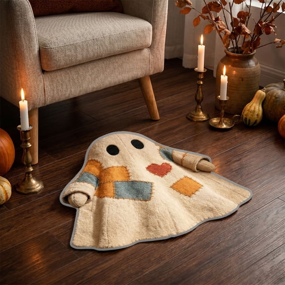 Kugisaki Halloween Plush Flocked Doormat Cute Ghost Shaped Floor Mat Non-Slip Rugs for Home Livingroom Bedroom Decor
