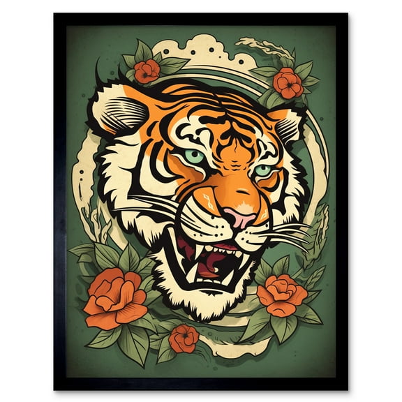 Floral Tiger Head Old School USA Tattoo Ink Body Rockabilly Americana 50s Art Print Framed Poster Wall Decor 12x16 inch