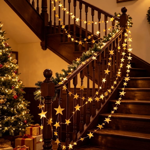 Miwamany Christmas Star Garland, 3 Pack 13ft Gold Decorative Hanging Streamer for Tree Mantel Wall Party Supplies, Foil Star Banner for Holiday Home Decoration