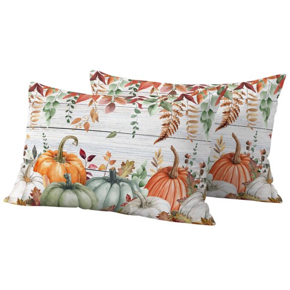 Sage Green Fall Pumpkins Outdoor Pillow Covers 20"x12" Set of 2,Waterproof Throw Pillow Covers for Patio Furniture,Thanksgiving Autumn Leaves Grey Wood Decorative Cushion Pillowcases for Garden Sofa