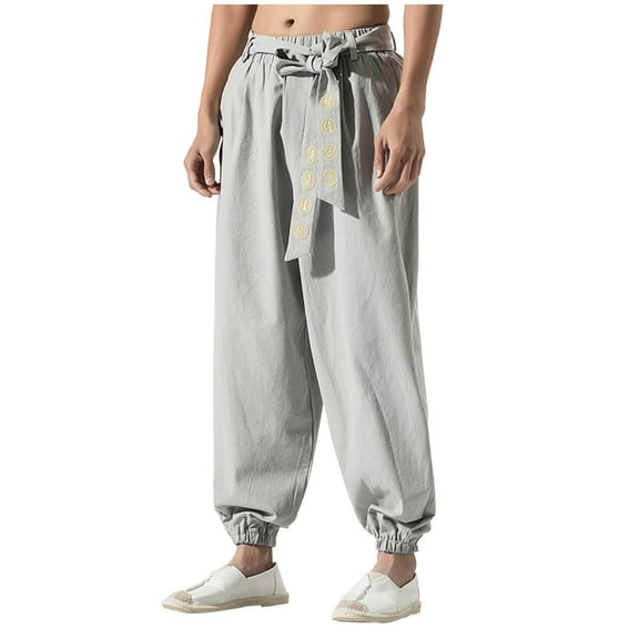 FNFYFH Mens Casual Cotton Linen Pants Big and Tall Kung Fu Martial Arts Pants Tai Chi Baggy Harem Trousers