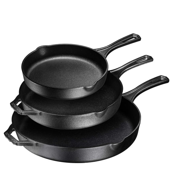Bruntmor Pre-seasoned Cast Iron Frying Pan Set of 3 - 8, 10, and 12 Inches - Nonstick Cookware with Side Drip Lips - Black - Grill Pan, Cast Iron Pan Set, Braisers Pan