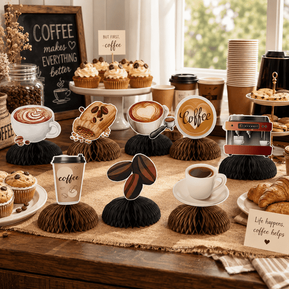 Coffee Party Decorations - 8PCS Coffee Honeycomb Centerpieces, Cafe Birthday Party A Baby is Brewing Baby Shower Decorations, Latte Table Decorations for Coffee Bar House Shop Party
