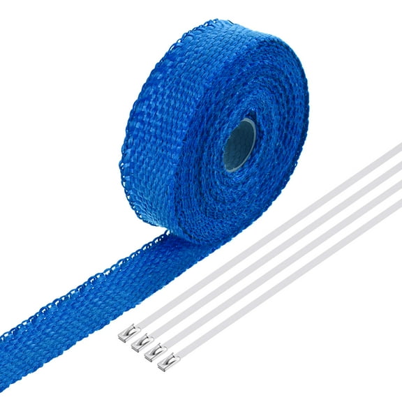 Uxcell Fiberglass Exhaust Wrap Tape 1"x16.4' Blue Header Heat Wrap with 4 Stainless Ties