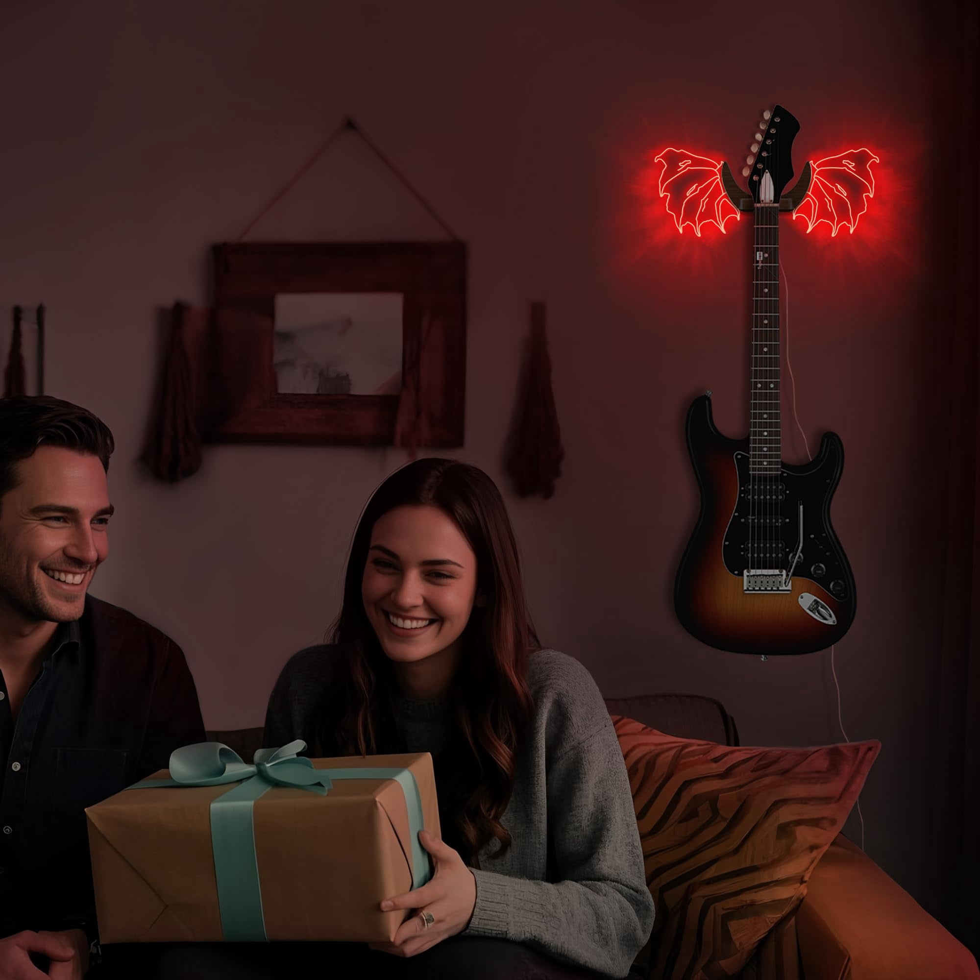 Guitar Stand Wall Mount With Luminous Devil Wings  Acrylic Wooden Hanger Shelf Usb Powered For Acoustic Electric Bass Ukulele Gift Music Lovers Players