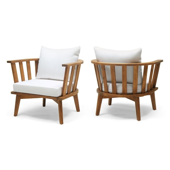 Dean Outdoor Wooden Club Chair with Cushions, Set of 2, White and Teak Finish