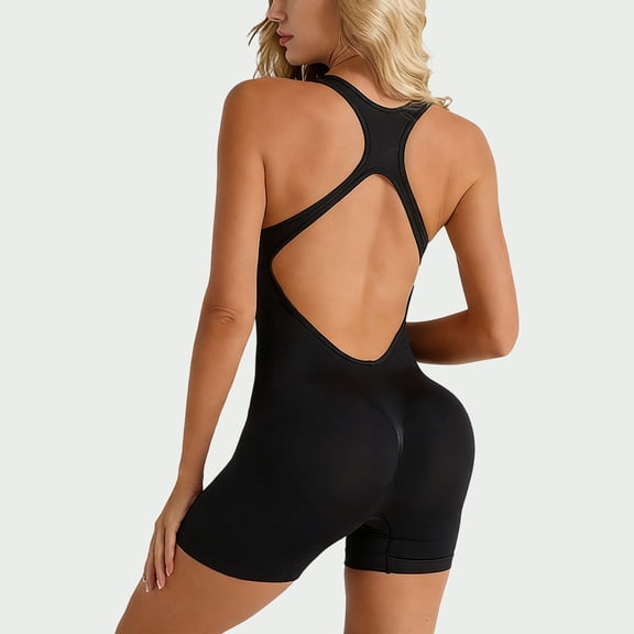 HOWPAY One Piece Jumpsuits for Women Sleeveless Hollow out Backless Bodysuit Tummy Control Athletic Workout Yoga Scrunch Bodycon Romper Black L