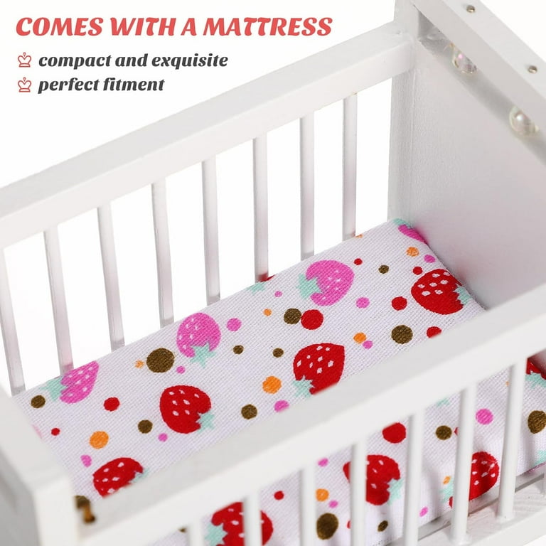 White ABS Doll Crib Miniature Bed - Dollhouse Nursery Furniture With Accessories For Kids Role Play