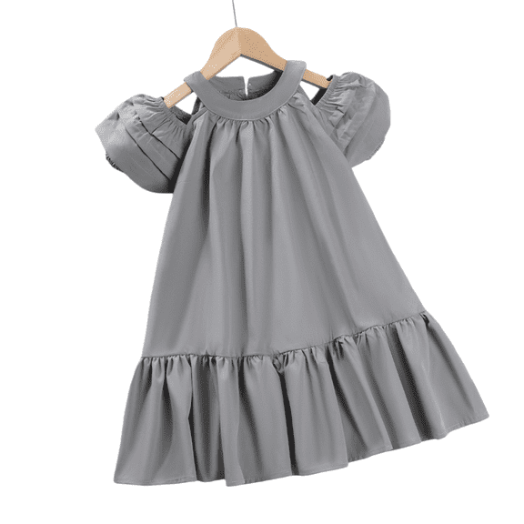 LYMAYTER 3-7Y Toddler Girls Casual Summer Dress Kids Puff Sleeve Halter Neck Off Shoulder Ruffle Party Dress
