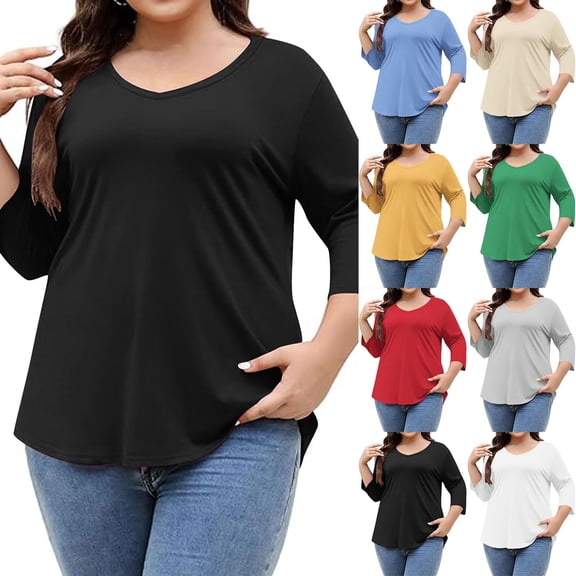 Tqyyweavej Womens Plus Size Tops 3/4 Length Sleeve Shirts Solid Color Basic V Neck Oversized T-shirts Loose Fitted Fashion Tees Size L to 4XL