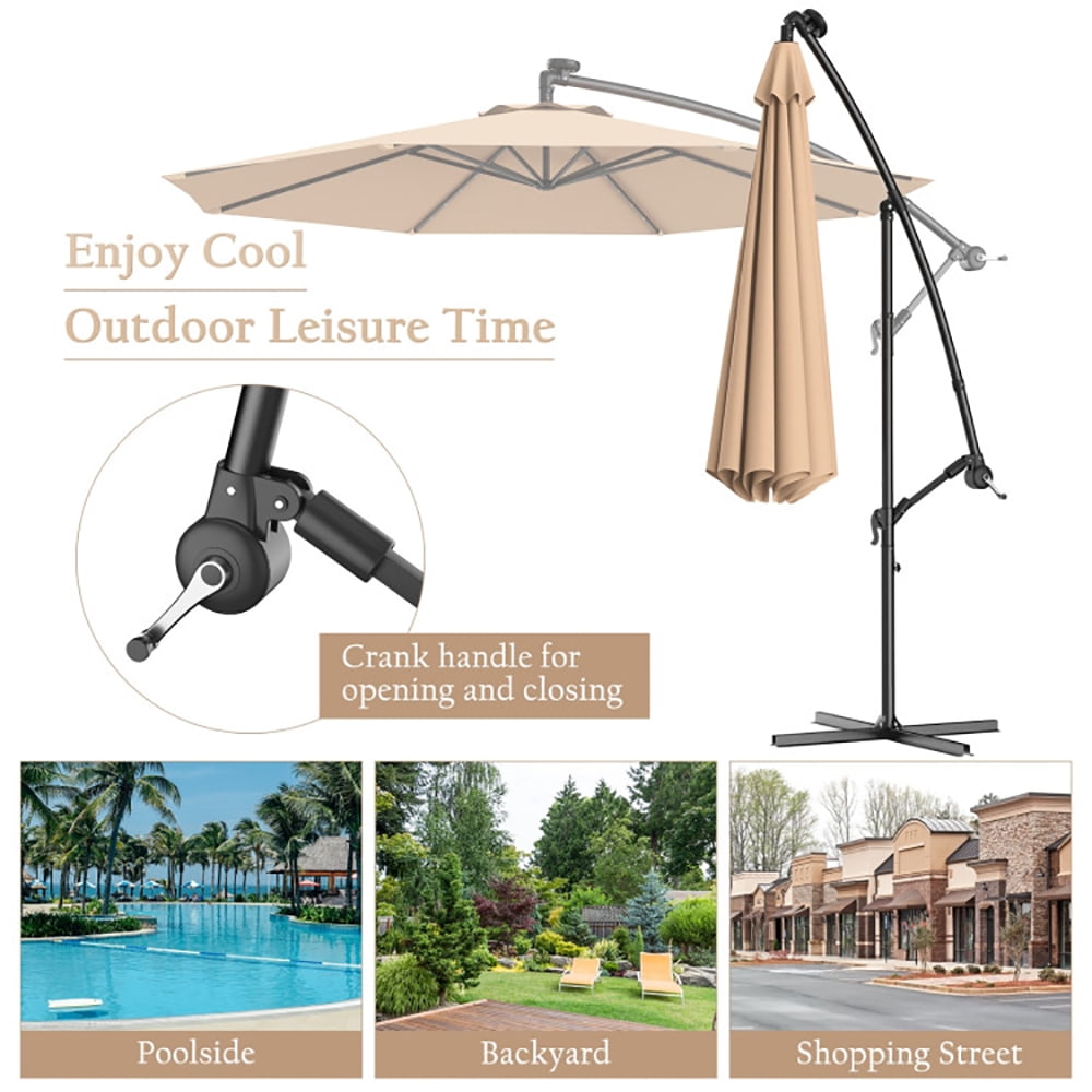 Aimee Lii 10 Feet Patio Hanging Solar LED Umbrella Sun Shade with Cross Base, Table Umbrella Outdoor Patio, Beige Aimee Lii 10 Feet Patio Hanging Solar LED Umbrella Sun Shade with Cross Base, Table Umbrella Outdoor Patio, Beige
