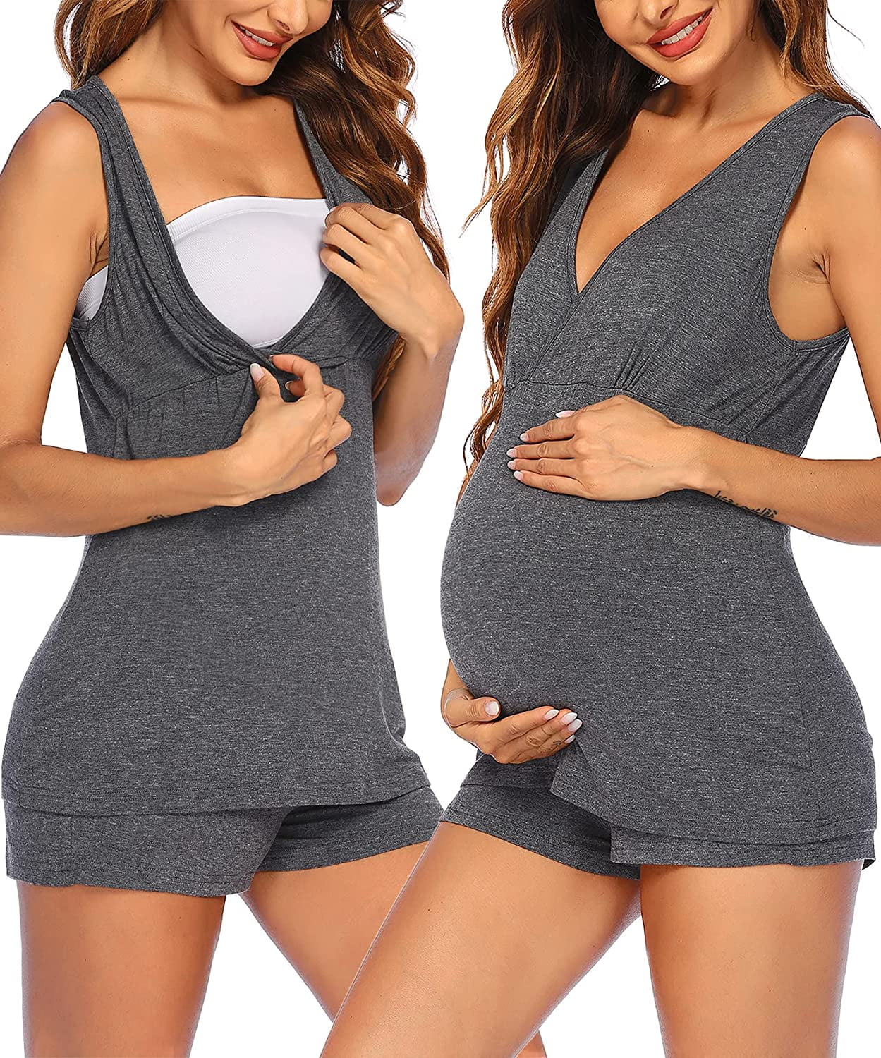 S-XXL Ekouaer Womens Maternity Nursing Pajamas Shorts Set Stripe Soft Pregnancy Breastfeeding Sleepwear 