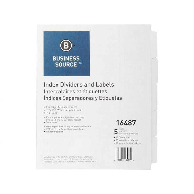 Business Source Un-punched Index Dividers Set - 5 x Divider(s) - Blank Tab(s) - 5 Tab(s)/Set - White Divider - White Tab(s) - Recycled - Unpunched - 25 / Box Business Source Un-punched Index Dividers Set - 5 x Divider(s) - Blank Tab(s) - 5 Tab(s)/Set - White Divider - White Tab(s) - Recycled - Unpunched - 25 / Box