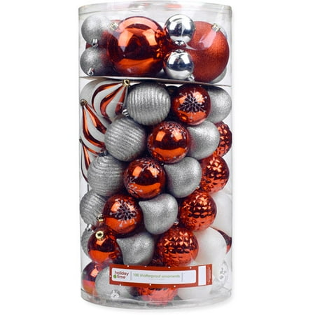 Holiday Time 120/80/70/60mm Round Red/Silver/White Shatterproof Christmas Ornaments, Set of 100