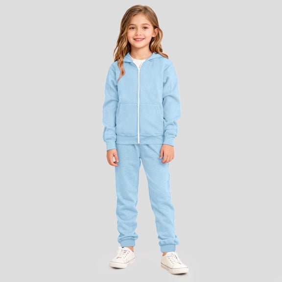 YMNXA Big Kids Girls Outfit Long Sleeve Solid Color Zip Up Hoodies And Joggers Casual Soft Two Piece Sets For Athletic Wear Blue 4-5 Years