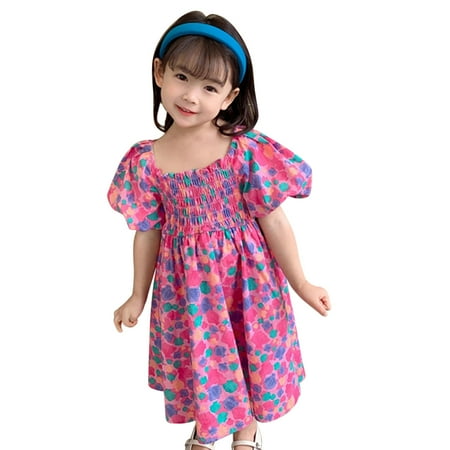 

2022 New Girls 3D Print Pretty Floral Dress For Girl Toddler Kids Baby Girls Clothes Summer Puff Sleeve Floral Pattern Backless Princess Dress Casual Beach Dresses Outfits