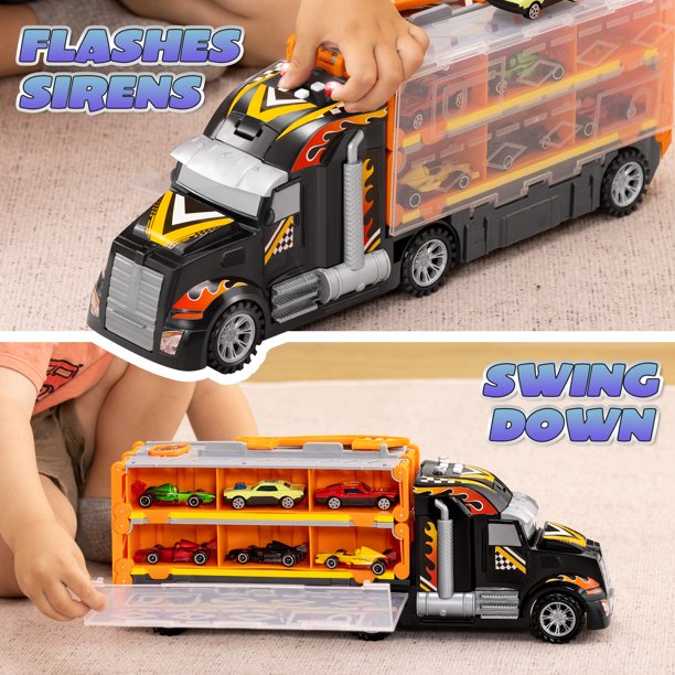 Pista De Carreras Con Camión Plegable De 3 Pisos — 2,4 Metros De Pista Doble Con 12 Coches Metálicos, Luces Y Sonidos, Regalo Para Niños De 2 A 5 Años