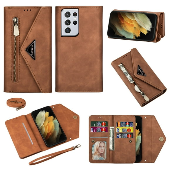 Dteck Galaxy S21 Ultra 5G Wallet Case, PU Leather Crossbag Lager Capacity Purse With Zipper Pocket, Folio Stand Phone Cover with Wrist Strap/Shoulder Strap For Samsung Galaxy S21 ultra 6.8",Brown