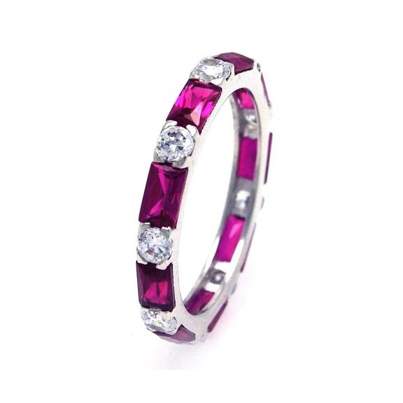 Simulated Garnet Baguette And Clear Round Cubic Zirconia Alternate Eternity Ring Sterling Silver Size 10