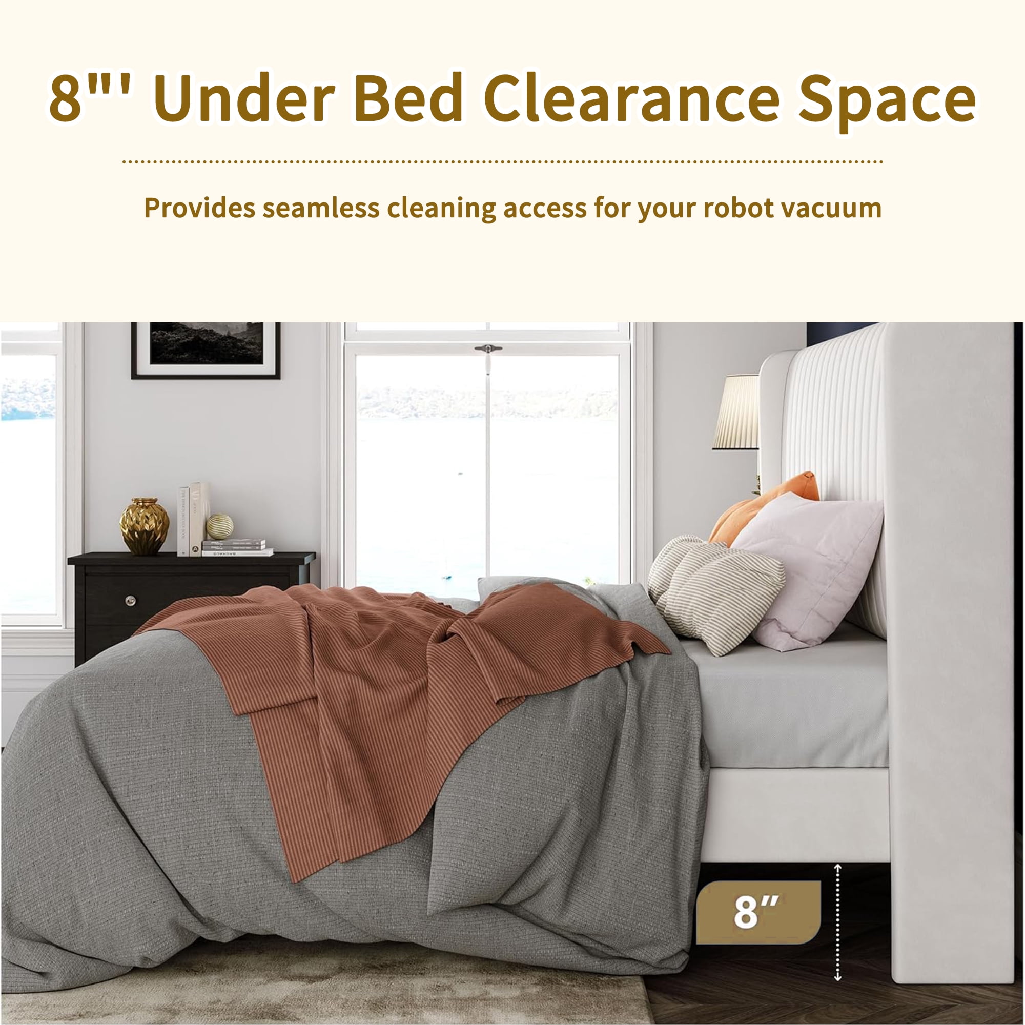 Velvet Queen Bed Frame with Vertical Channel Tufted Wingback Headboard – Upholstered Platform Bed, No Box Spring Needed, Strong Wooden Slats, Easy Assembly, White
