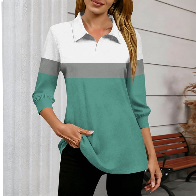TaTaai 3/4 Sleeve V Neck Top for Women, Slim Fit Printed Fall Blouse, Casual Stretchy Fashion Wear, Elegant Daily Tops Gift