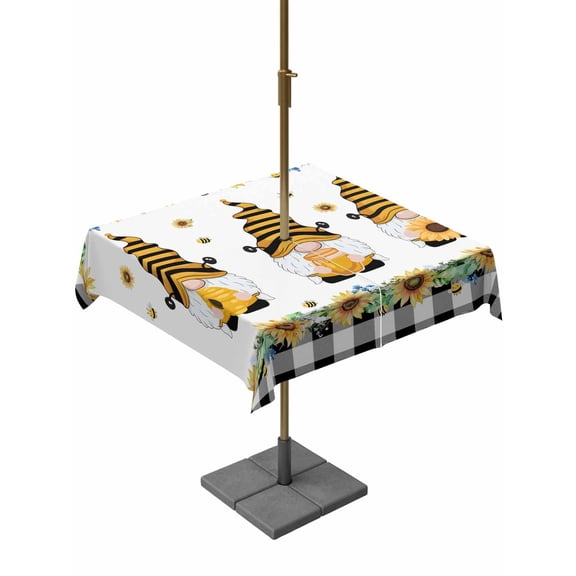 Outdoor Tablecloth with Umbrella Hole for Patio/Picnic/Party/Camping, Spring Bee Gnomes Waterproof Table Cloth Square Cover Washable, Sunflowers Black Checkered (60"x 60")