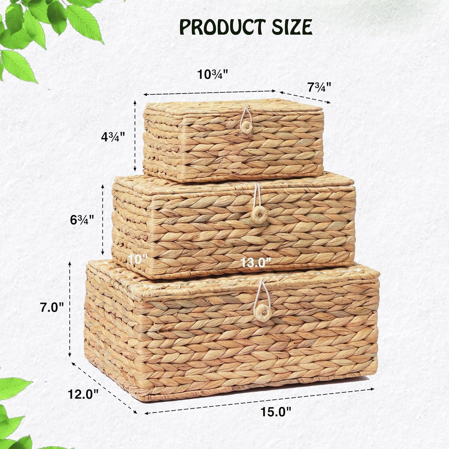 Set of 3 Large Woven Storage Baskets with Lids, Rectangular Rattan Decorative Boxes for Home Organization