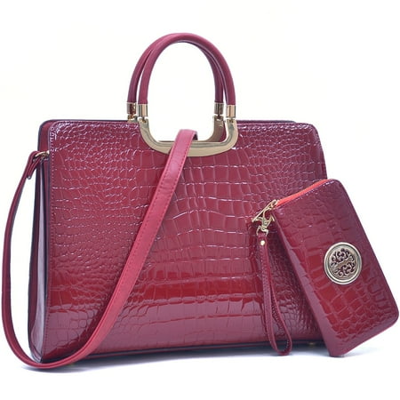 - Dasein Faux Patent Leather Croco Briefcase w/ Bonus Shoulder Strap & Zip Around Emblem Wallet