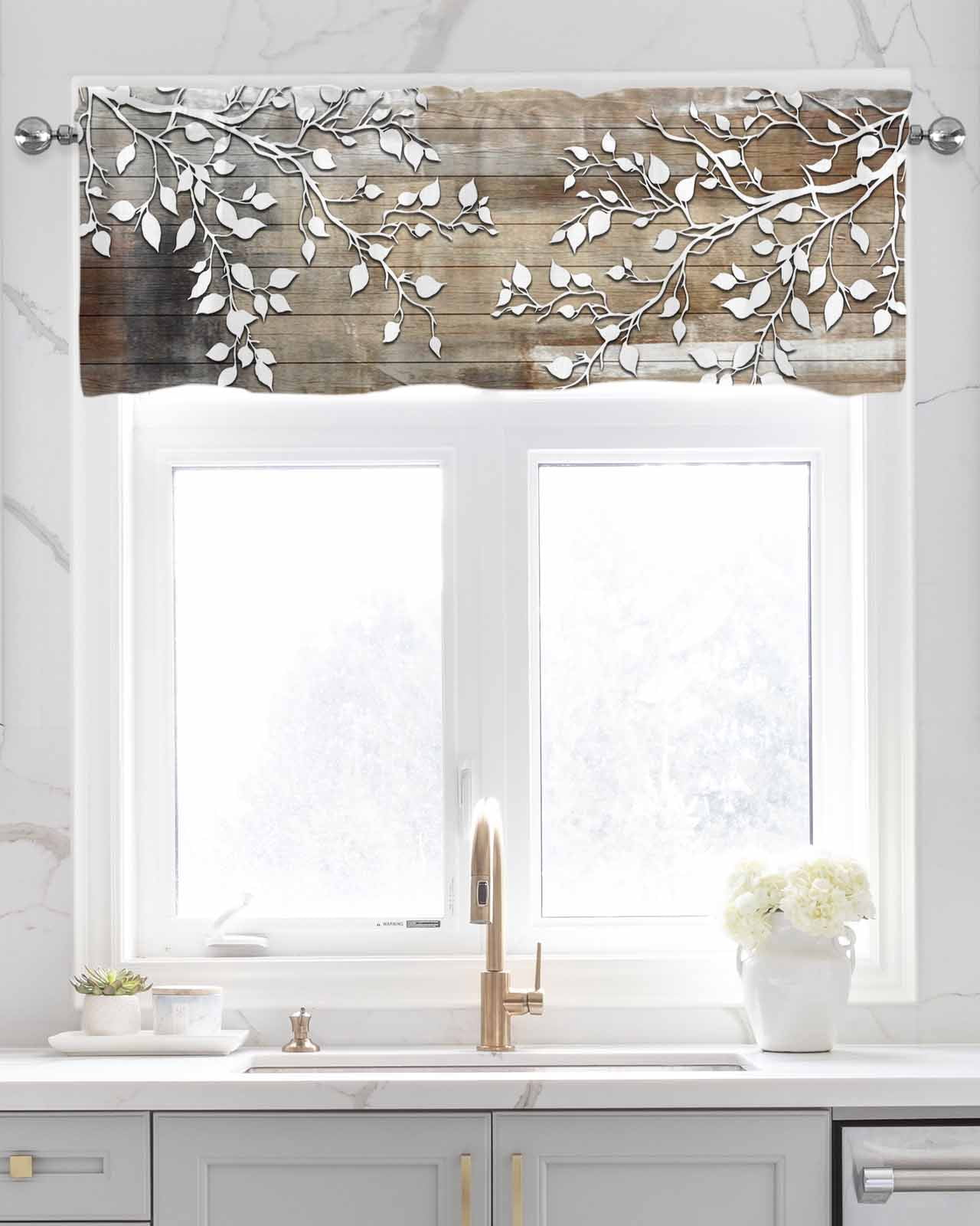 White Branches Kitchen Valances for Windows Farmhouse Linen Window Valance Curtain for Living Room Window Treatment Brown Beige Wooden Grain Valance Rod Pocket Topper Drape, 42 x 18 Inch