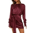 thumbnail image 2 of sunsanly Women Spring Dress Smooth Surface Soft Long Sleeves Round Neck Tight Waist Dress-up Satin Above Knee Lady Fall Mini Dress Female Garment, 2 of 8