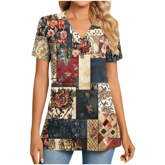 ZQUUVOU Women's T-Shirt V-Neck Button Printed Short Sleeve Blouse Burgundy (2XL)