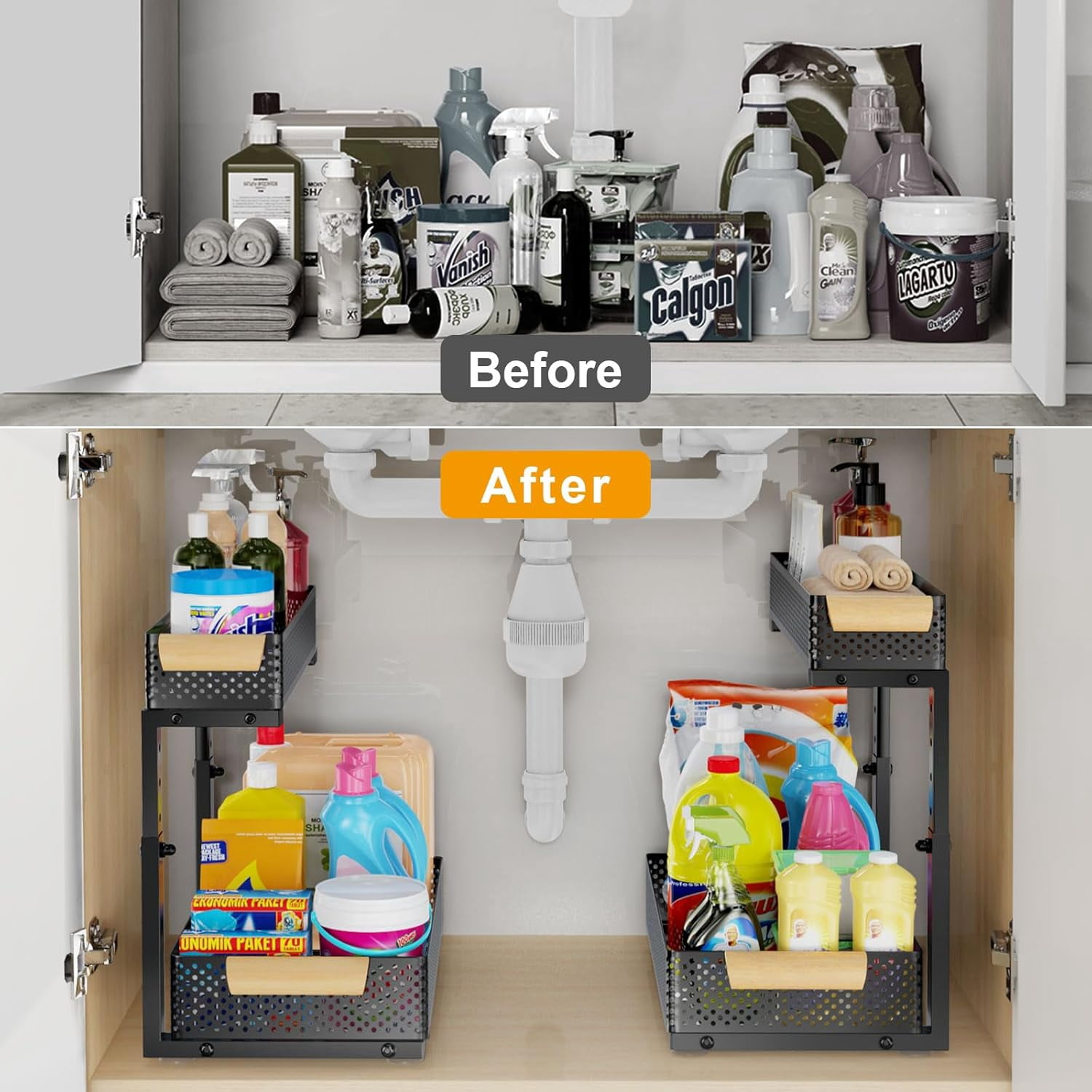 Under Sink Organizers and Storage,2 PACK 5 Height Adjustable Kitchen Cabinet Organizer,2 Tiers Pull Out Drawer Shelves Metal Slide Tray Organizer for Kitchen Bathroom