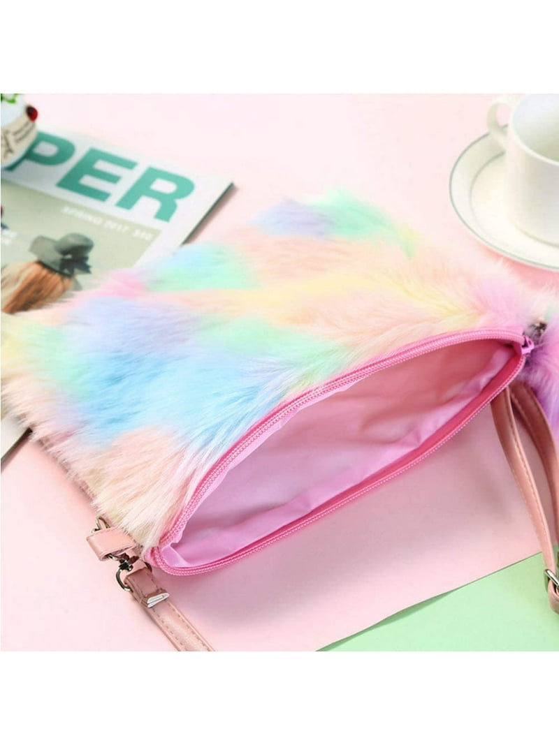 Kids Girls Fluffy Tie Dye Crossbody Purse - Plush Faux Fur Rainbow Shoulder Bag With Long Strap
