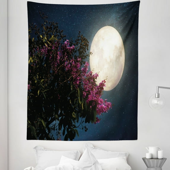 Moon Tapestry, Cherry Blossom Stars from Milky Way Eastern Night Sky Celestial Body, Fabric Wall Hanging Decor for Bedroom Living Room Dorm, 5 Sizes, Magenta Ivory Dark Blue, by Ambesonne
